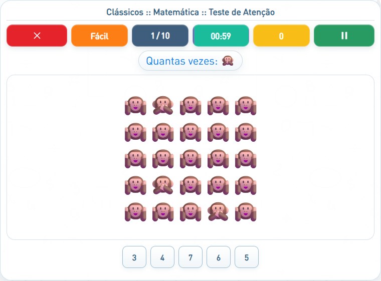 Captura de uma partida de Teste de Atenção, com as áreas numeradas e explicadas a seguir.