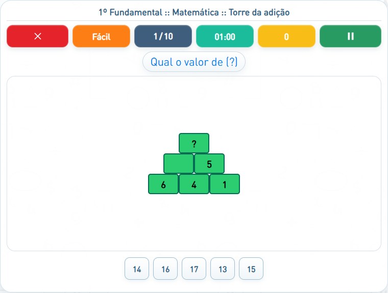 Captura de uma partida de Torre da adição, com as áreas numeradas e explicadas a seguir.