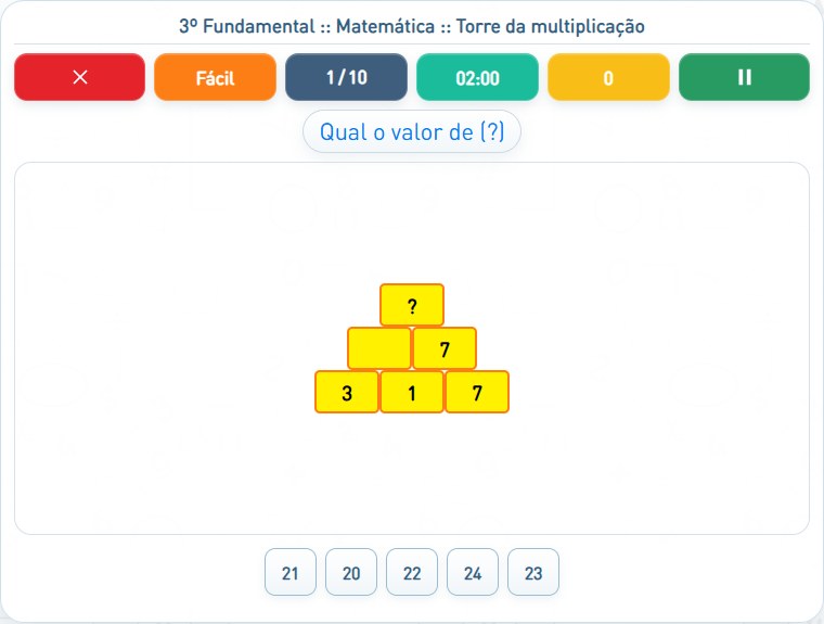 Captura de uma partida de Torre da multiplicação, com as áreas numeradas e explicadas a seguir.